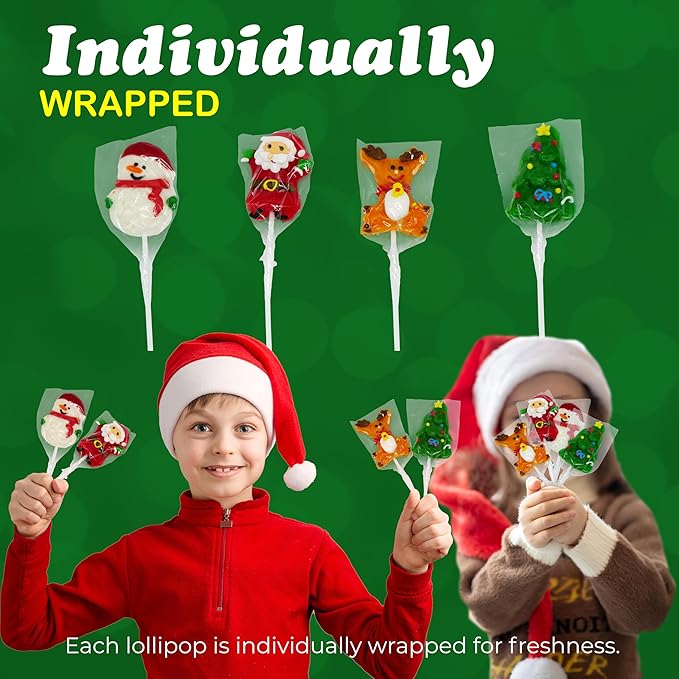 4E's Novelty 24 Pack Christmas Lollipops Santa, Snowman, Reindeer, Tree, Christmas Lollipops Individually Wrapped Bulk, Candy Suckers, Stocking Stuffer Candy for Kids & Adults