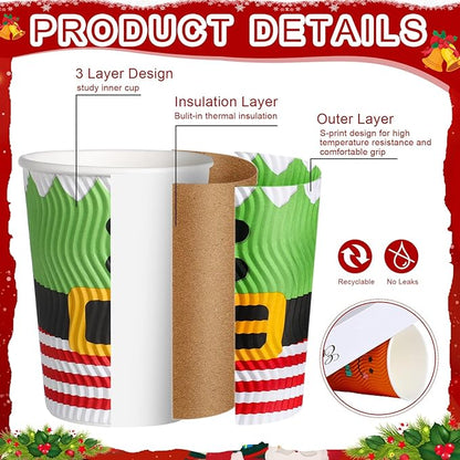 Foaincore 100 Sets Christmas Disposable Coffee Cups 12 oz Insulated Ripple Wall Paper Cup with Lid, Xmas Disposable Coffee Espresso Cups Tea Cups for Cold Hot Liquids Drinking Party Supplies (Cute)