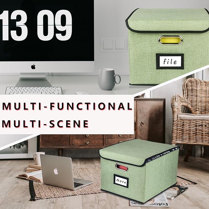 Collapsible File Organizer Box, filing Storage boxes for hanging files with lid, Linen Portable file folder box with handle, Decorative Document Storage Bin for Office/Home/School/Décor(Green)