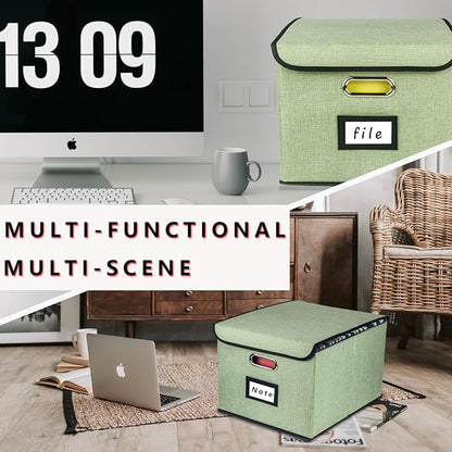 Collapsible File Organizer Box, filing Storage boxes for hanging files with lid, Linen Portable file folder box with handle, Decorative Document Storage Bin for Office/Home/School/Décor(Green)