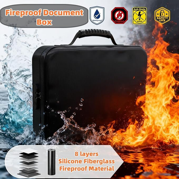 Fireproof Document Box (Soft-Shell) with Lock & Waterproof Zipper, 5200°F Safe for Important Documents, Certificates, Laptop Portable File Organizer for Home, Office, Travel Storage