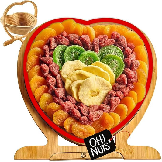 Oh! Nuts Dried Fruit Gift Basket - Gourmet Gift Baskets - Holiday Healthy Assortment Dried Fruits Gift Box - Crafted in the USA - Wooden Heart Shape Gift Tray - (Ruby Heart)