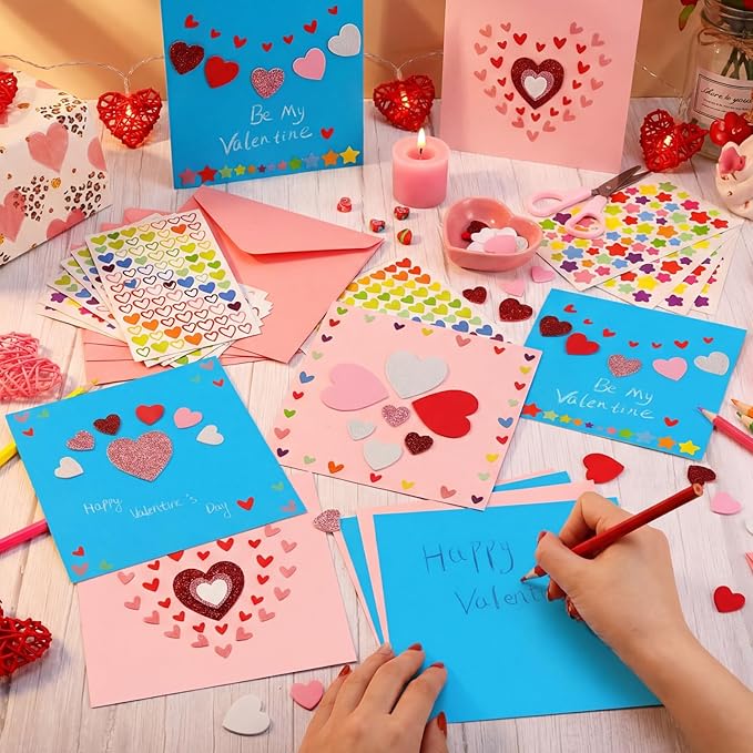 Zonon 16 Pack Valentines Crafts DIY Card Valentines's Day Kits Foam Heart Sticker Craft DIY Kits Envelopes Cards Set for Exchange Gifts (Cute Color)