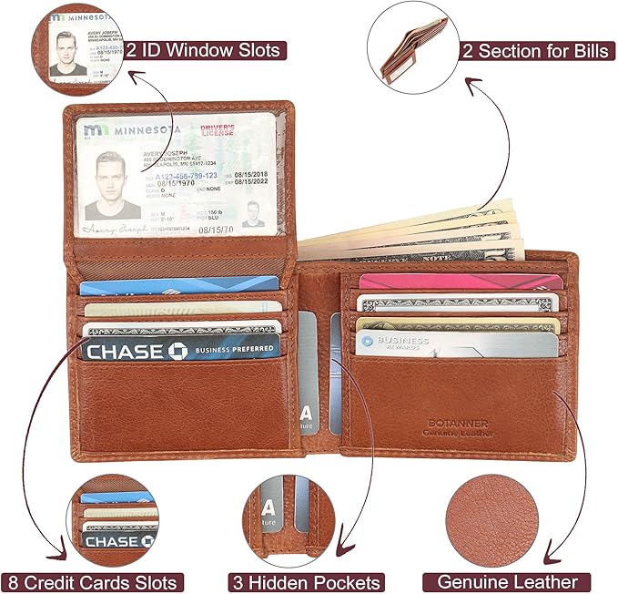 Mens Genuine Leather Flip ID Wallet RFID Blocking 8 Credit Card Slots 2 ID Windows 2 Sections for Bills 3 Hidden Pockets | Tan