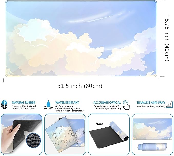 Blue Cloud XXL Large Extended Gaming Mouse Pad Computer Mat Aesthetics Mousepad, Office Decor Desk Pad, Laptop Keyboard and Mouse Mat, Non-Slip Desk Matt with Stitched Edge, 31.5''x15.7''