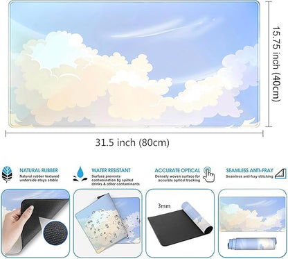 Blue Cloud XXL Large Extended Gaming Mouse Pad Computer Mat Aesthetics Mousepad, Office Decor Desk Pad, Laptop Keyboard and Mouse Mat, Non-Slip Desk Matt with Stitched Edge, 31.5''x15.7''