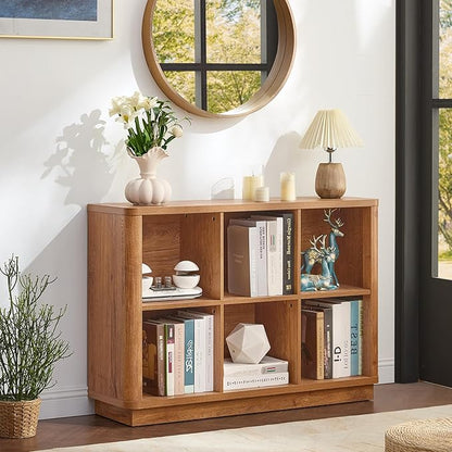 6 Cube Storage Book Shelf, 40" Wide Low Horizontal Bookcase with Curved Edge, Floor Standing 2-Tier Wooden Bookshelf with Base, Modern Short Book Case for Bedroom, Study, Entryway, Orange Oak