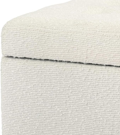 Adeco 18 Inch High Cube Ottoman Storage, Linen Chair Foot Stools, Upholstered Vanity Stool with Hinged Lid, Solid Wood Legs (White Circle Yarn)