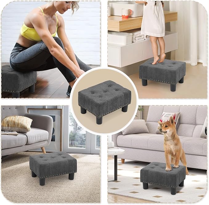 Athena Collection Small Ottoman Foot Rest with Legs, Linen Fabric Ottoman Foot Stool with Soft Padded seat, Square Footstool FootRest for Living Room, Bedroom, Office, Dark Grey