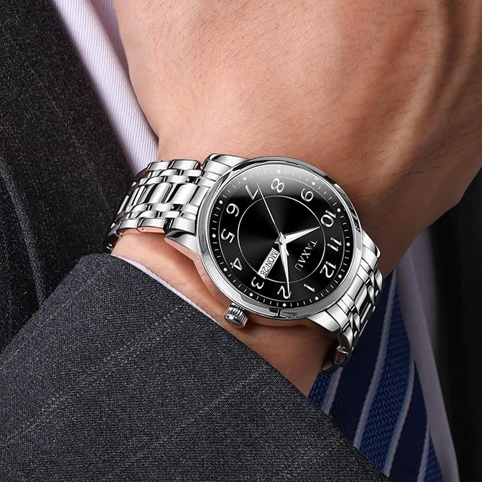 Stainless Steel Mens Watches with Day Date Quartz Analog Large Face Classic Watch Arabic Numerals Dress Luminous Rlojes para Hombres