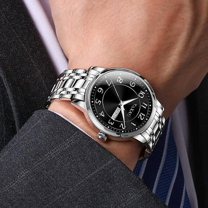 Stainless Steel Mens Watches with Day Date Quartz Analog Large Face Classic Watch Arabic Numerals Dress Luminous Rlojes para Hombres