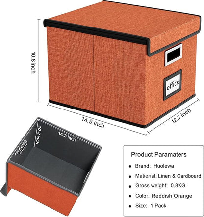 Huolewa Portable File Organizer Box with Lid, Large Linen Hanging Office Document Storage Box with Lid, Collapsible Filing&Storage Box for Office/Decor/Home - 14.9 x 12.7 x 10.8 inch
