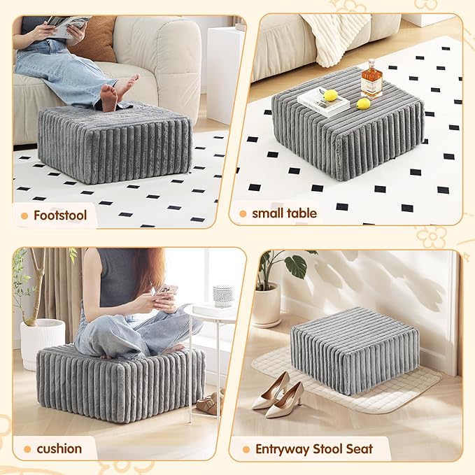 Tiita Suqre Stuffed Pouf Ottoman, Stripe Poufs 21×21×10 inch with Foam Chunk Filling, Floor Bean Bag Floor Chair Storage for Living Room Bedroom Home Decor, Grey