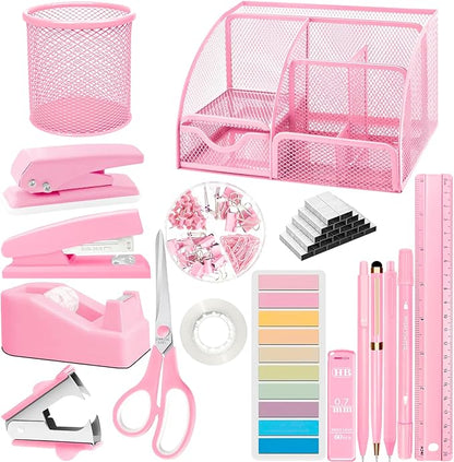 Pink Desk Accessories Set, 17Pcs Pink Office Supplies Kit Include Mesh Desk Organizer, Stapler, Tape Dispenser, Staple Remover, Pen Holder, Clips, Pens, Ruler, for Office Home School Women