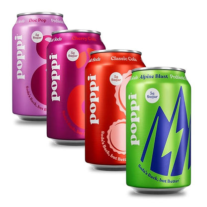 Poppi Sparkling Prebiotic Soda Beverage with Apple Cider Vinegar, Seltzer Water and Fruit Juice, Soda Staples Variety Pack, 12 FL Oz, Pack of 12, Packaging May Vary