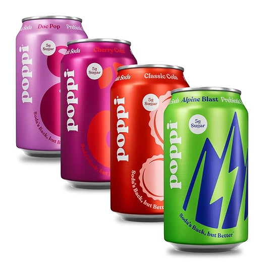 Poppi Sparkling Prebiotic Soda Beverage with Apple Cider Vinegar, Seltzer Water and Fruit Juice, Soda Staples Variety Pack, 12 FL Oz, Pack of 12, Packaging May Vary