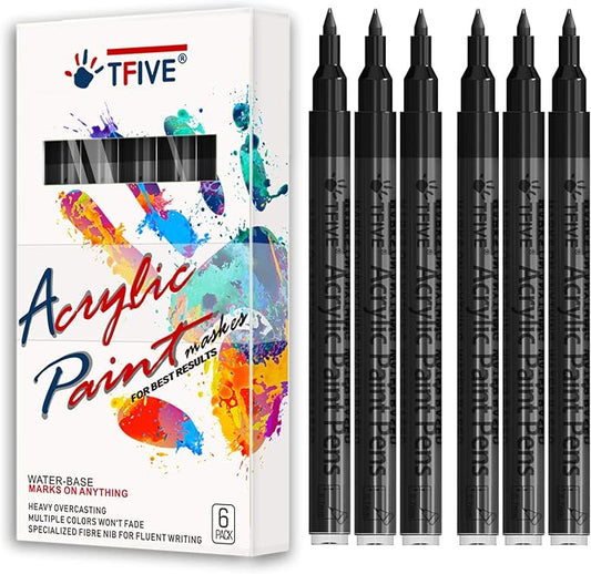 Black Marker Paint Pens - 6 Pack Acrylic Black Permanent Marker, 0.7mm Extra Fine Tip Paint Pen for Art projects, Drawing, Rock Painting, Stone, Ceramic, Glass, Wood, Plastic, Metal, Canvas DIY Crafts