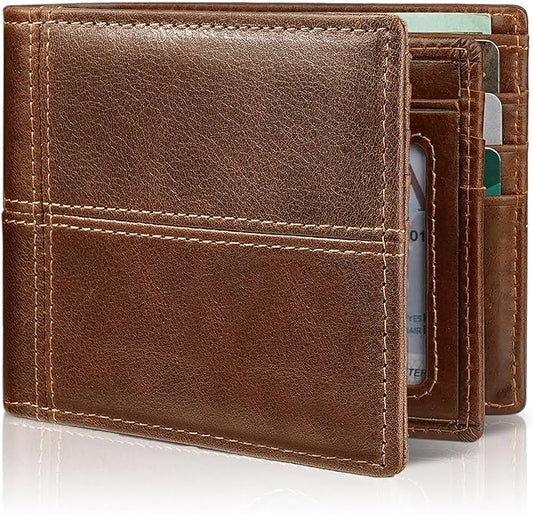Mens Wallet Bifold Genuine Leather RFID Blocking Wallet for Men with 1 ID Window 13 Card Holders 2 cash pockets 1 Gift Box
