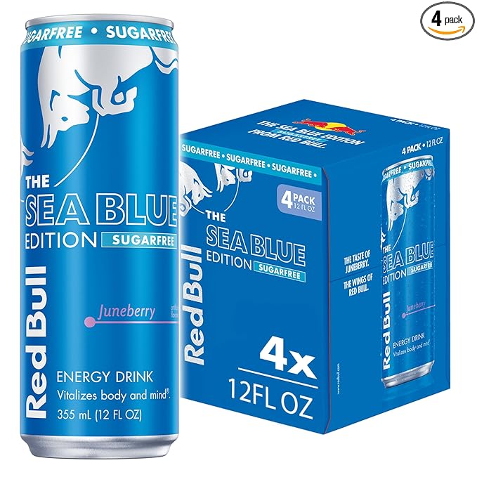 Red Bull Sea Blue Edition Sugar-Free Energy Drink, Juneberry, with 80mg Caffeine plus Taurine & B Vitamins, 12 Fl Oz, Pack of 4 Cans