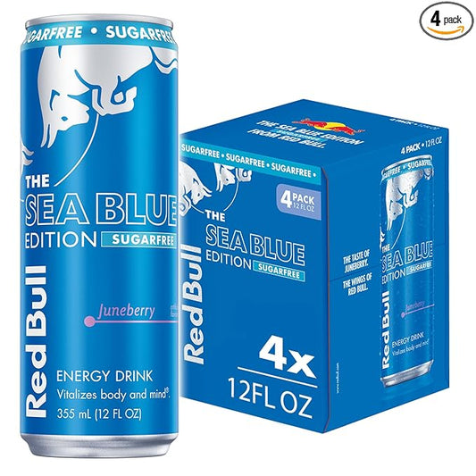 Red Bull Sea Blue Edition Sugar-Free Energy Drink, Juneberry, with 80mg Caffeine plus Taurine & B Vitamins, 12 Fl Oz, Pack of 4 Cans