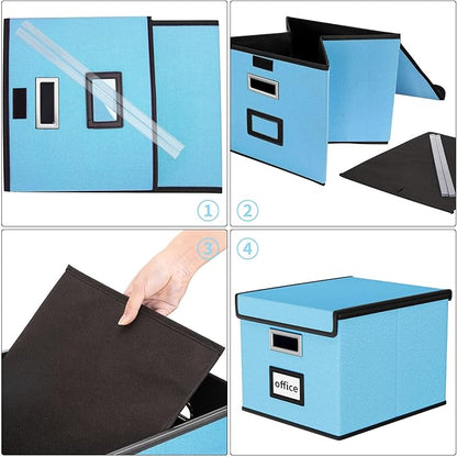 Huolewa Portable File Organizer Box Office Document Storage with Lid, Linen Hanging Filing Storage Boxes, Decorative Home/Office Filing System for File and Folders Storage (Sky-blue)