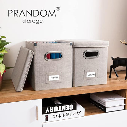 PRANDOM File Organizer Box - Set of 2 Collapsible Decorative Linen Filing Storage Hanging File Folders with Lids Office Cabinet Letter Size Light Grey (14x9.3x10.8 inch)