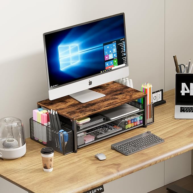 Desk Organizers and Accessories, 2-Tier Computer Monitor Stand Riser with Drawer and 2 Pen Holders, Laptop Stand, Office Desk Accessories for Office Supplies, Brown