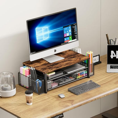 Desk Organizers and Accessories, 2-Tier Computer Monitor Stand Riser with Drawer and 2 Pen Holders, Laptop Stand, Office Desk Accessories for Office Supplies, Brown