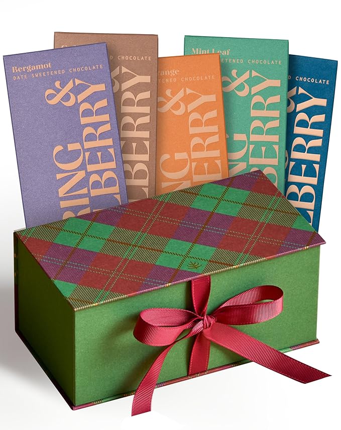 Spring & Mulberry Healthy Dark Chocolate Bars Sugar Free - Date Sweetened Chocolate Gift Box - Healthy Bars, Gluten Free & Vegan - Essence Holiday Chocolates Gift Set