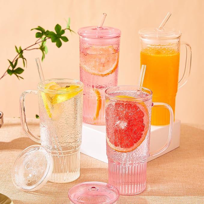 GOSCHE Glass Cups with Lids and Straws, 24oz Glass Tumbler with Straw and Lid, Iced Coffee Cups with Handle for Smoothie Juice Water Tea, Pink, 2 Pack