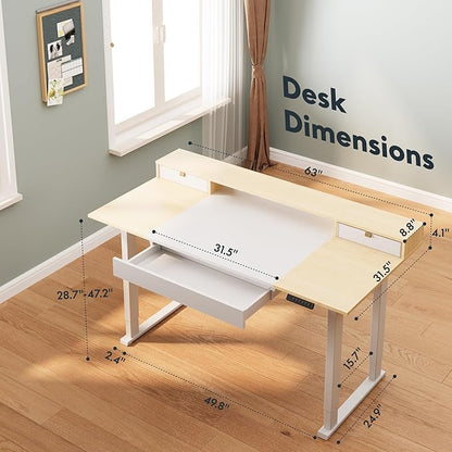 SANODESK Electric Standing Desk with Drawers, 63 x 32 inch Height Adjustable Computer Desk, Home Office Stand Up Desk with 3 Preset Heights, White