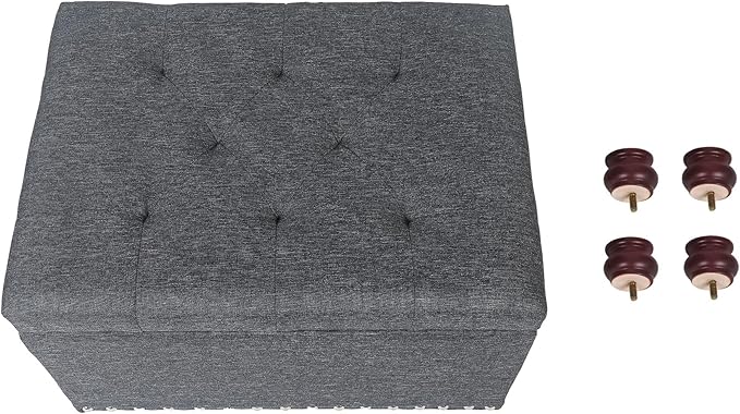 Adeco 24" Rectangular Fabric Storage Ottoman, Button Tufted Accents Linen Bench with Storage, Rivet Footstool with Wooden Legs and Safety Close Hinge for Living Room Bedroom Entryway