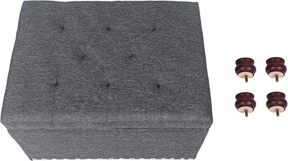 Adeco 24" Rectangular Fabric Storage Ottoman, Button Tufted Accents Linen Bench with Storage, Rivet Footstool with Wooden Legs and Safety Close Hinge for Living Room Bedroom Entryway