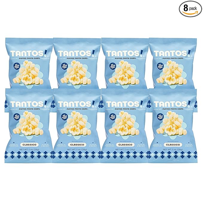 Tantos! Puffed Pasta Chips, Healthy Pasta Snack by Top Chef Joe Sasto, As Seen on Shark Tank, Plant Based, Low Calorie, Crunchy Chips, Variety Pack, Marinara, Pesto, Cacio e Pepe, Classico, Gourmet Bold Flavors, 1 oz 8 Pack of Classico
