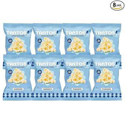 Tantos! Puffed Pasta Chips, Healthy Pasta Snack by Top Chef Joe Sasto, As Seen on Shark Tank, Plant Based, Low Calorie, Crunchy Chips, Variety Pack, Marinara, Pesto, Cacio e Pepe, Classico, Gourmet Bold Flavors, 1 oz 8 Pack of Classico