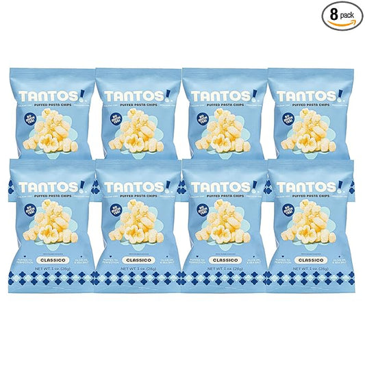 Tantos! Puffed Pasta Chips, Healthy Pasta Snack by Top Chef Joe Sasto, As Seen on Shark Tank, Plant Based, Low Calorie, Crunchy Chips, Variety Pack, Marinara, Pesto, Cacio e Pepe, Classico, Gourmet Bold Flavors, 1 oz 8 Pack of Classico