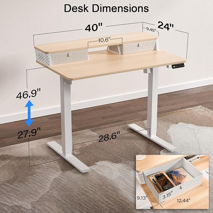 40 x 24 Inch Standing Desk with 2 Drawers, Easily Assembled Height Adjustable Desk, Ergonomic Sit to Stand Electric Desk for Home Office Workstation, Natural