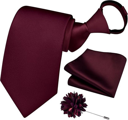 Branduce 3.15"（8cm） Pre-tied Adjustable Zipper Tie and Lapel Pin Solid Necktie Handkerchief Set for Men