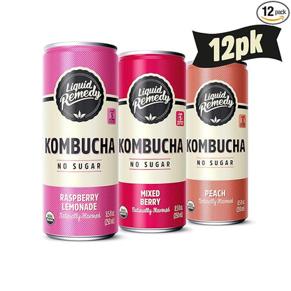 Liquid Remedy Kombucha Sugar Free Organic Drink, Low Calorie, Probiotic Like Tea for Gut Health - Fruity Faves Variety Pack - 8.5 Fl Oz Can, 12-Pack