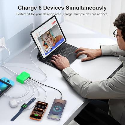 [2026 Updated] USB C Fast Charger, 100W GaN 6 Port Type C Charging Station Hub Block Cube, USB C Wall Charger Power Strip Adapter Plug for iPad iPhone 17 16 15 14 Pro Max Pixel Note Galaxy, 5ft Cord