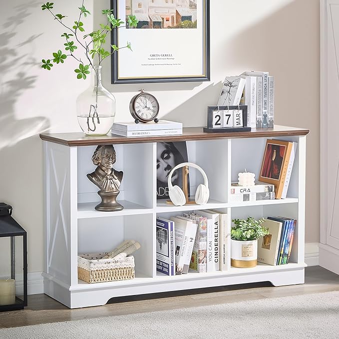 Book Shelf, 6 Cube Storage Organizer, 2-Tier Open Shelf Wooden Bookcase, Freestanding Wood Cube Storage Bookshelf for Bedroom, Living Room, Home Office (White)