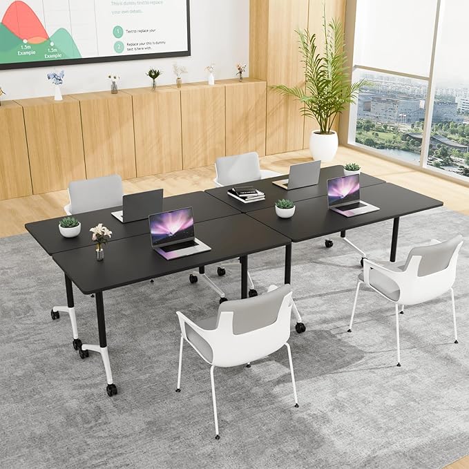 Conference Room Table, 55 Inch Folding Conference Tables with Wheels, Modern Office Meeting Table, Easy Flip & Nest Design, Rectangular Seminar Tables with Metal Frame for 2-24 People (J, 6PCS)