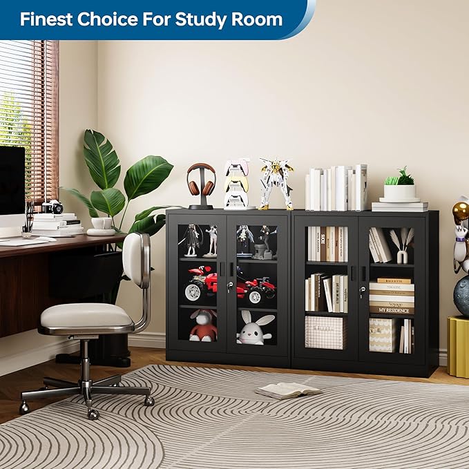 Storage Cabinet with 2 Adjustable Shelves, 35.4 Inches Metal Curio Display Cabinet with 2 Acrylic Doors, Locking Glass Display Case for Home, Office, Pantry, Assemble Required (Black)
