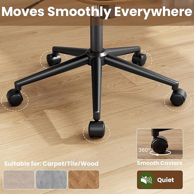 Armless Office Chair, Mid Century Modern Desk Chair with Walnut Wood Back & SGS Level 3 Gas Lift, Swivel PU Leather Computer Chair for Small Space, Home Office, Bedroom, 300lbs Cap, Black