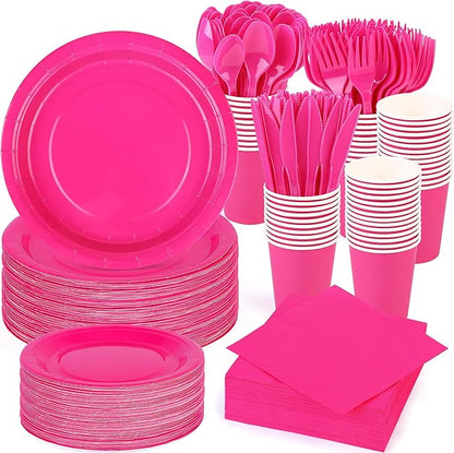 durony 350 Pieces Hot Pink Paper Dinnerware Set 7 Inch 9 Inch Disposable Dinner Plates Serve 50 Guests Paper Cup Cutlery Napkins Solid Color Party Supplies for Birthday Wedding Party Family Picnic
