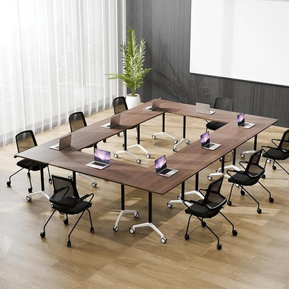 Conference Room Table, 55 Inch Folding Conference Tables with Wheels, Modern Office Meeting Table, Easy Flip & Nest Design, Rectangular Seminar Tables with Metal Frame for 2-24 People(B 2PCS)