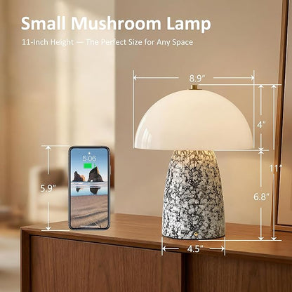 11" Mushroom Table Lamp, Small Ceramic Desk Bedside Lamp with Touch Control 3-Way Dimmable & Glass Shade, Modern Nightstand Lamp for Living Room Bedroom Home Office Crackle Texture Decor-Black