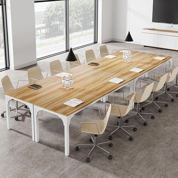 13FT Conference Table, Super Sturdy Large Rectangle Meeting Seminar Table for 16 Person, Long Business Tables, 4 Pcs Light Walnut