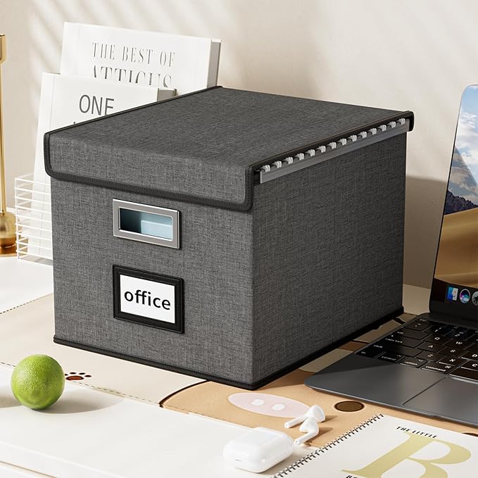 Collapsible File Storage Organizer Boxes with Lids, Linen Office Document Storage Box, Filing Box, Decorative Small File Box for Hanging File, Single File Box with Plastic Slide for Office/Decor/Home