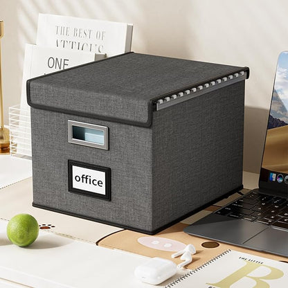 Collapsible File Storage Organizer Boxes with Lids, Linen Office Document Storage Box, Filing Box, Decorative Small File Box for Hanging File, Single File Box with Plastic Slide for Office/Decor/Home